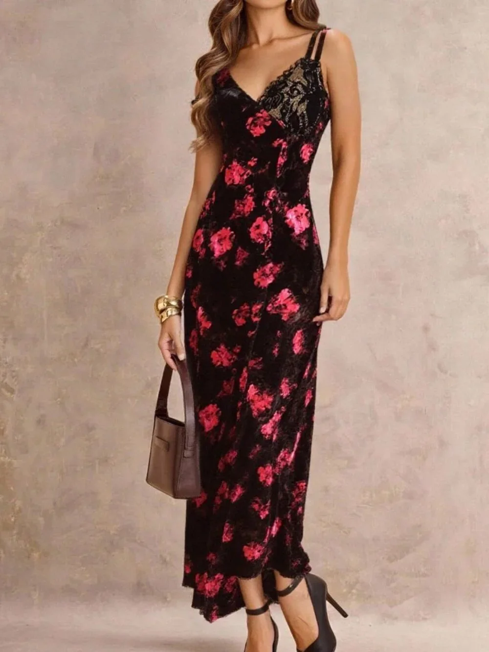 Black Elegant Women's Velvet Printed Oblique Shoulder Lace Patchwork Midi Dress
